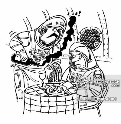Spaceman waiter losing all his wine in the zero gravity